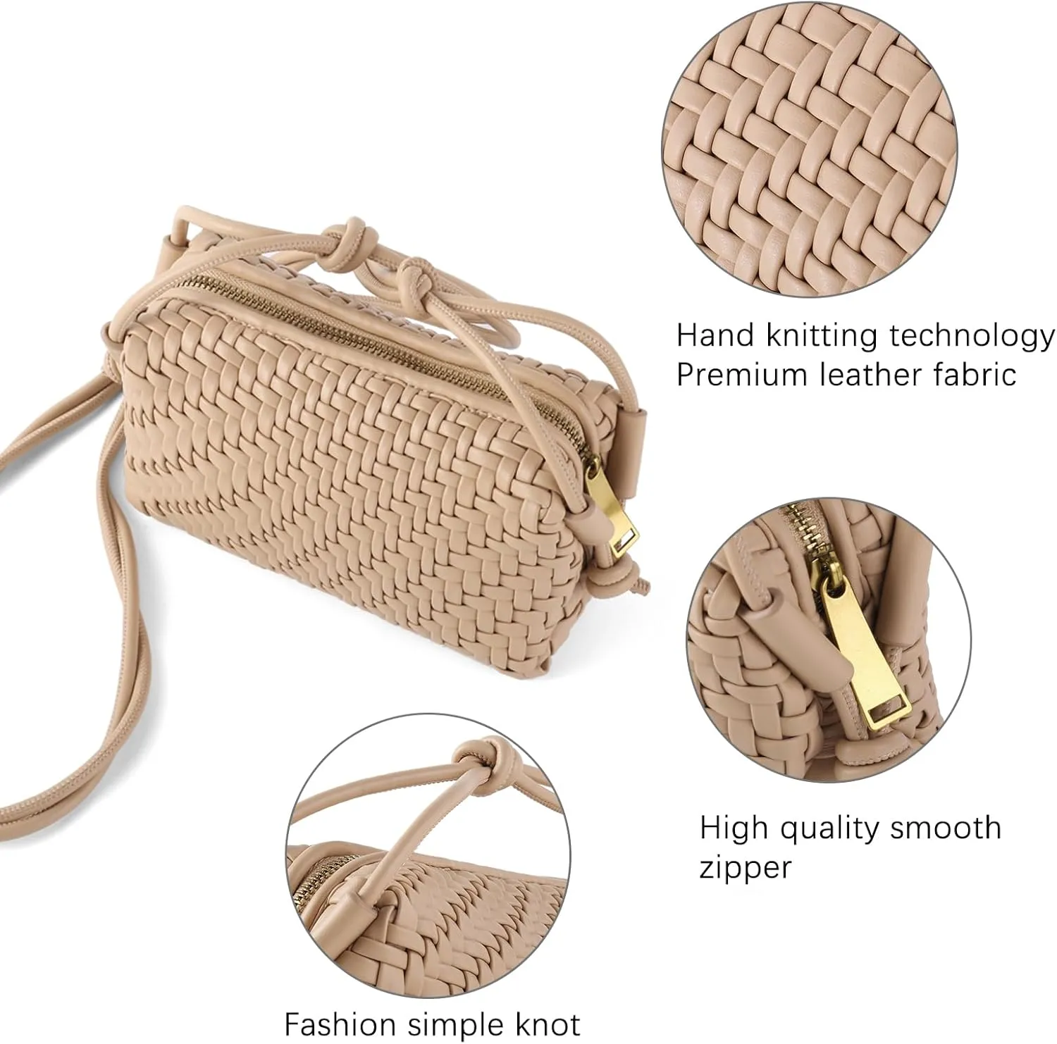 Woven Crossbody Bag Clutch Purse for Women,Small Vegan Leather Handmade Shoulderbag Handbag with Strap,Zipper Closure