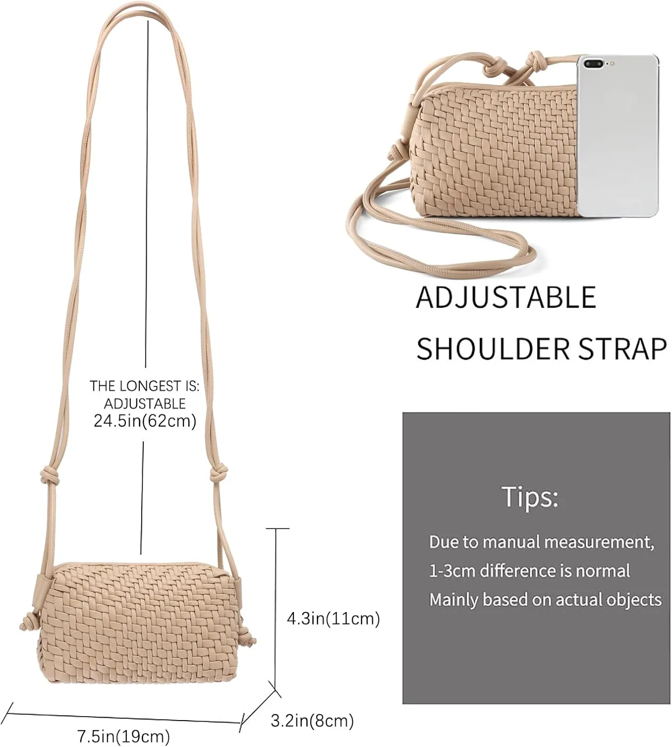 Woven Crossbody Bag Clutch Purse for Women,Small Vegan Leather Handmade Shoulderbag Handbag with Strap,Zipper Closure