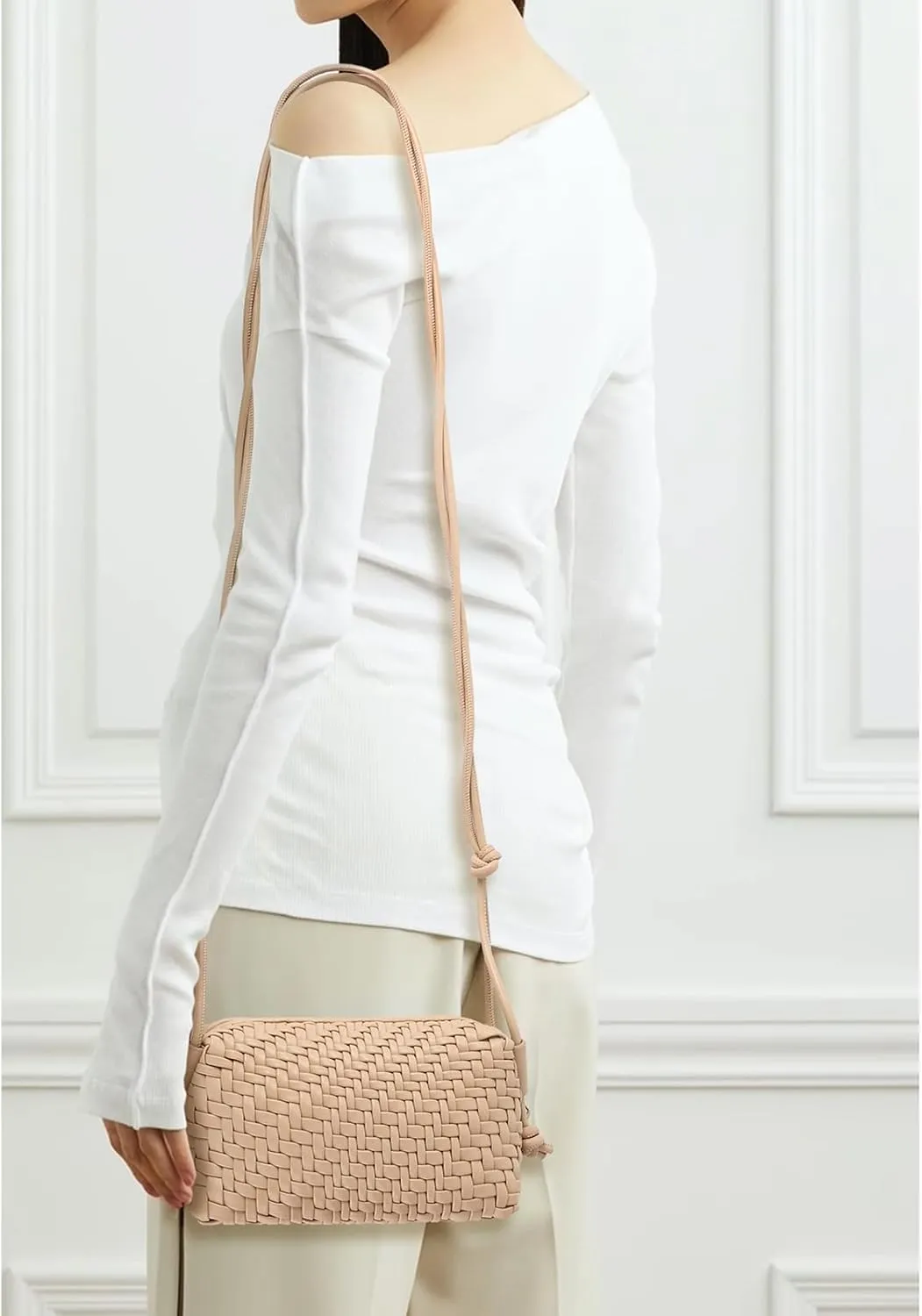 Woven Crossbody Bag Clutch Purse for Women,Small Vegan Leather Handmade Shoulderbag Handbag with Strap,Zipper Closure