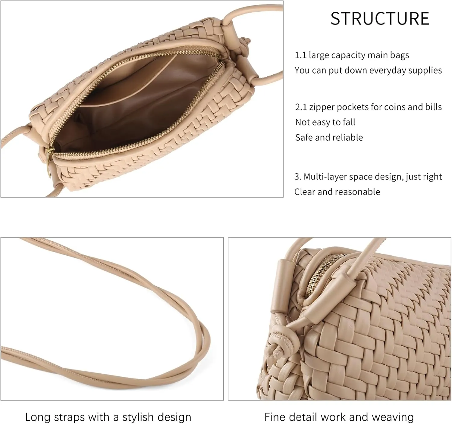 Woven Crossbody Bag Clutch Purse for Women,Small Vegan Leather Handmade Shoulderbag Handbag with Strap,Zipper Closure