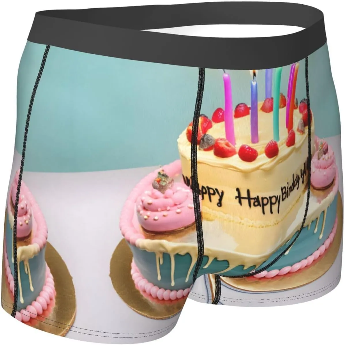 WURTON Happy Birthday Big Cake Print Men's Boxer Briefs Underwear Trunks Stretch Athletic Underwear for Moisture Wicking
