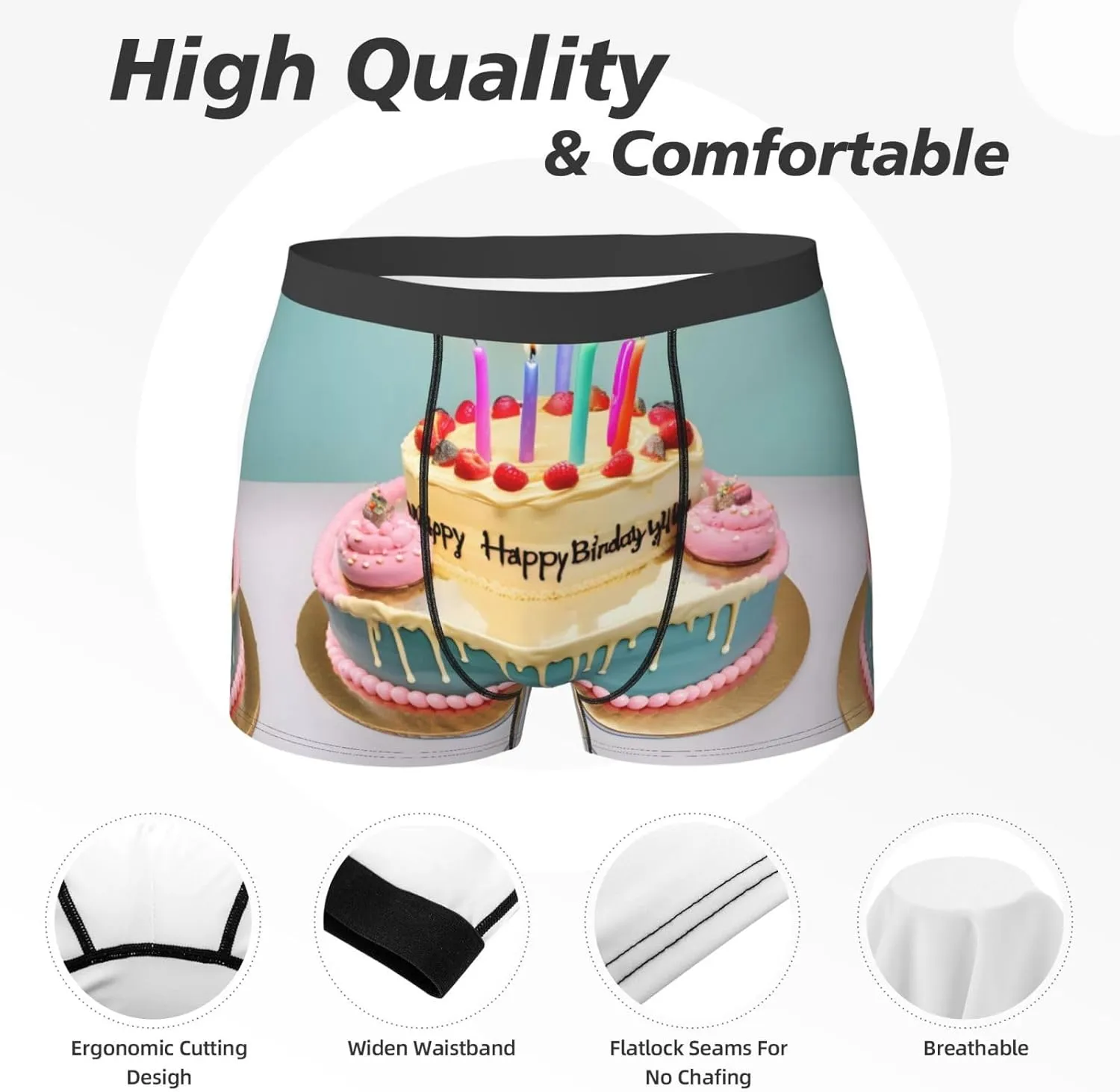 WURTON Happy Birthday Big Cake Print Men's Boxer Briefs Underwear Trunks Stretch Athletic Underwear for Moisture Wicking