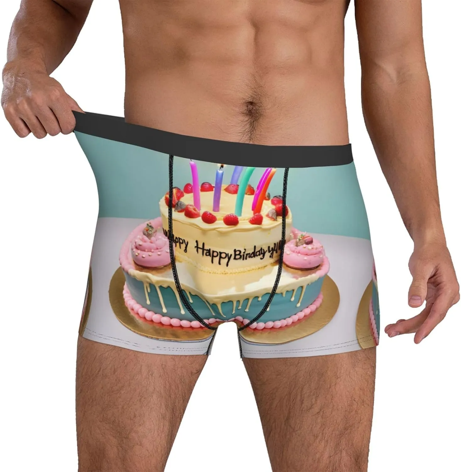 WURTON Happy Birthday Big Cake Print Men's Boxer Briefs Underwear Trunks Stretch Athletic Underwear for Moisture Wicking