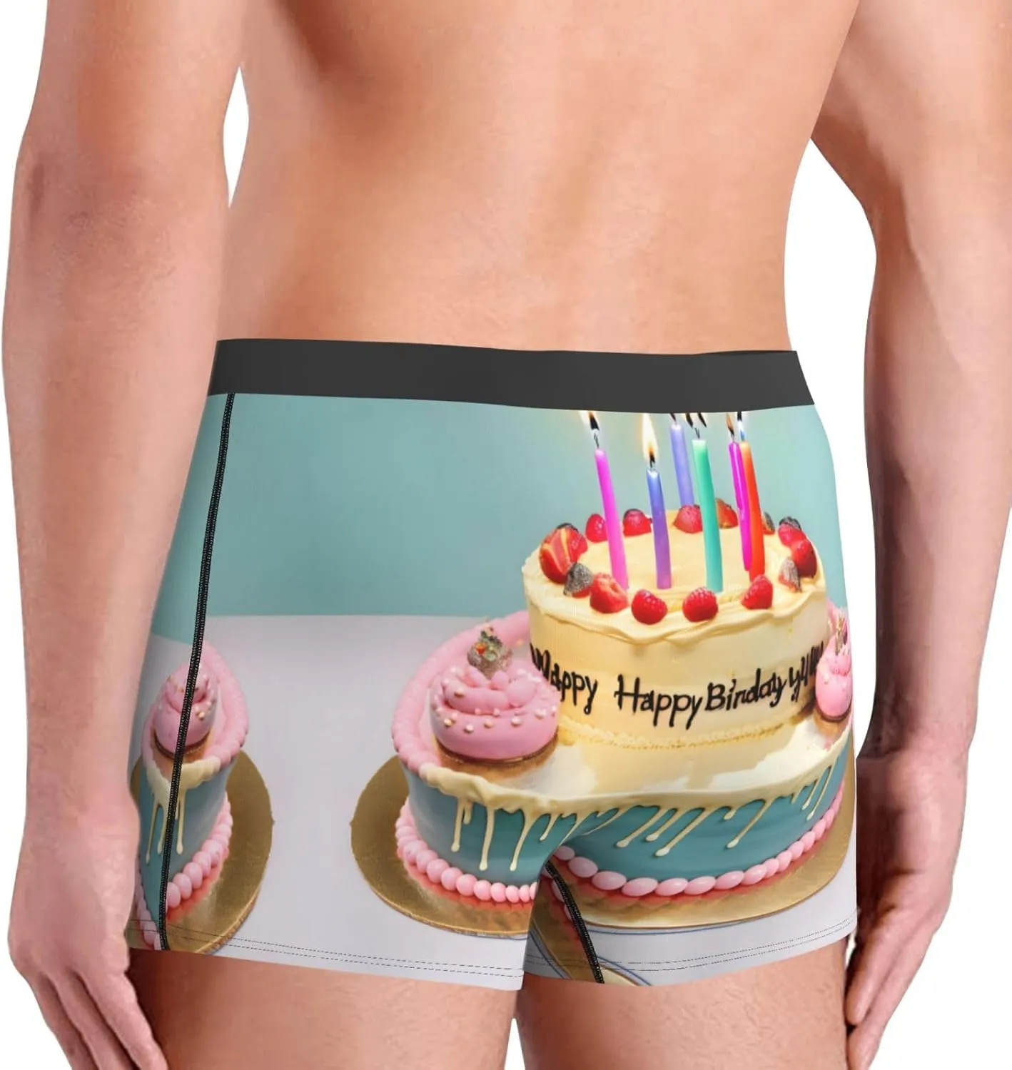 WURTON Happy Birthday Big Cake Print Men's Boxer Briefs Underwear Trunks Stretch Athletic Underwear for Moisture Wicking