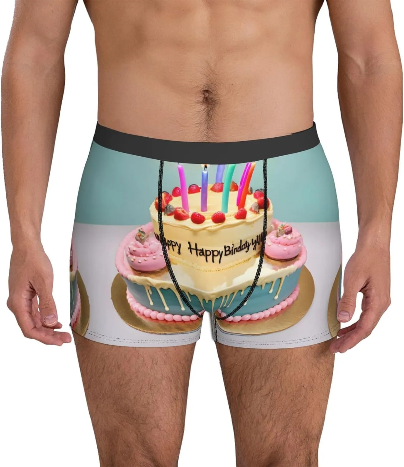 WURTON Happy Birthday Big Cake Print Men's Boxer Briefs Underwear Trunks Stretch Athletic Underwear for Moisture Wicking