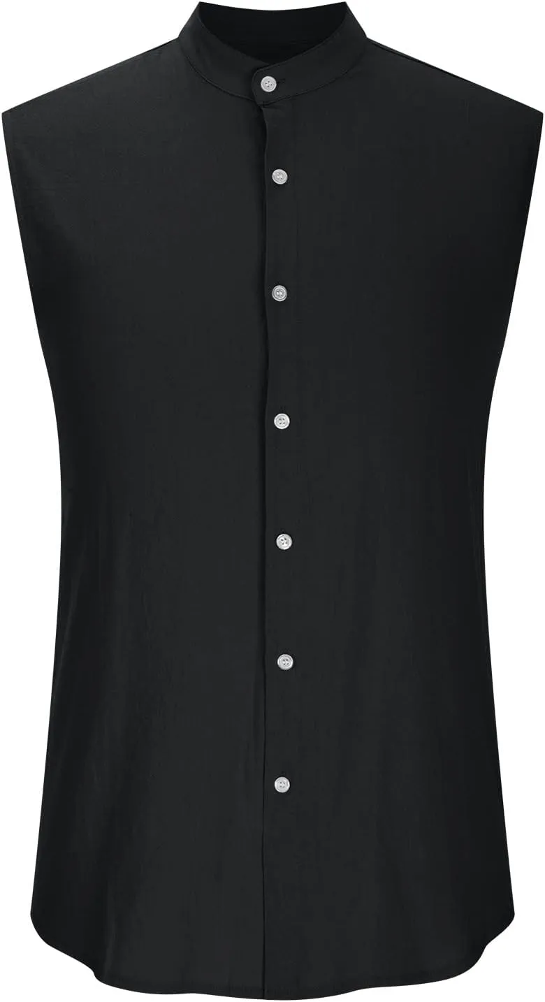 Xiaojmake Mens Sleeveless Button Down Shirts Collared Cotton Linen T-Shirt Summer Beach Basic Tank Tops Vest with Pockets