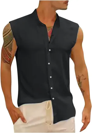 Xiaojmake Mens Sleeveless Button Down Shirts Collared Cotton Linen T-Shirt Summer Beach Basic Tank Tops Vest with Pockets