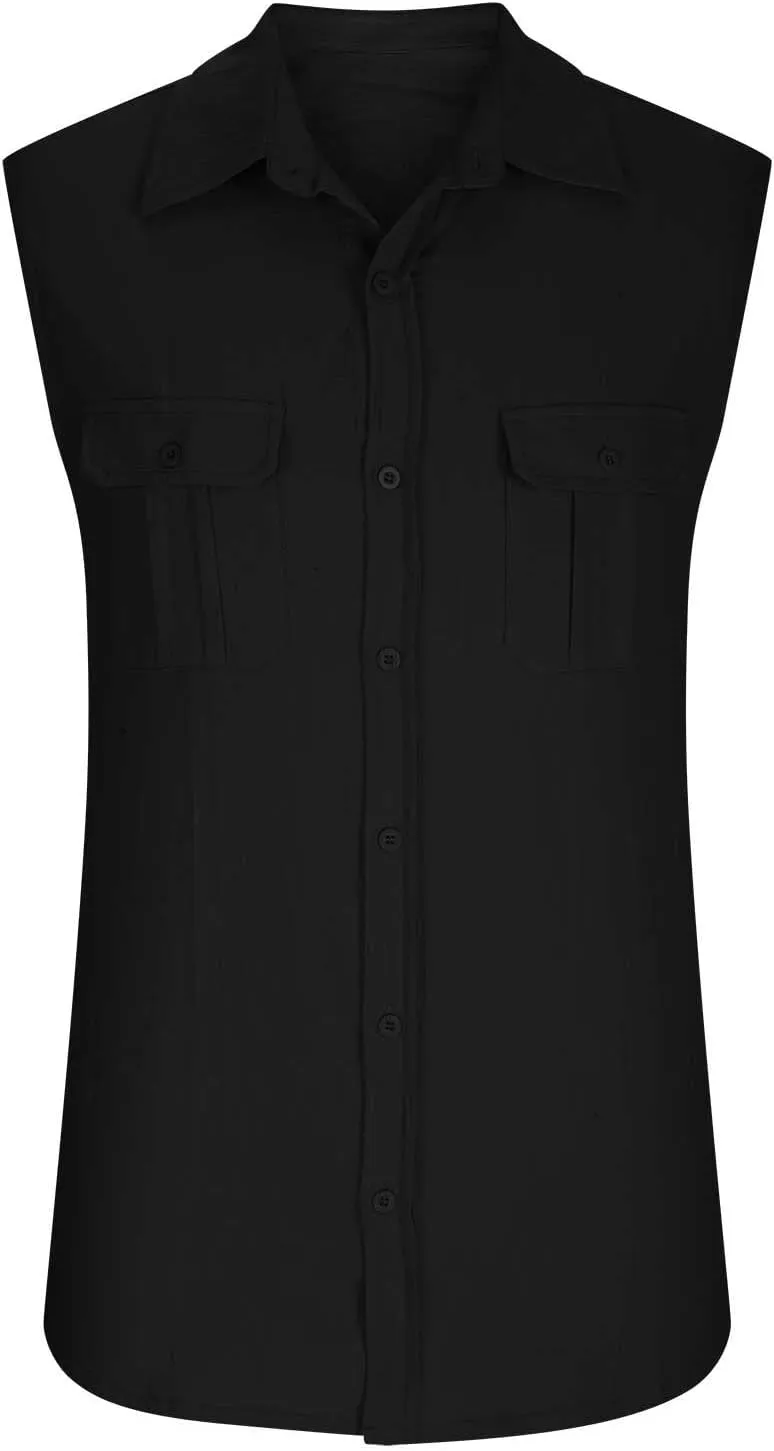 Xiaojmake Mens Sleeveless Button Down Shirts Collared Cotton Linen T-Shirt Summer Beach Basic Tank Tops Vest with Pockets