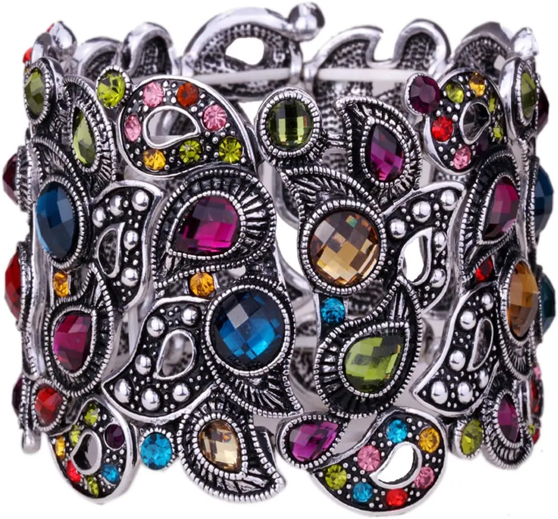 YACQ Women's Flower Stretch Cuff Bracelet fit Wrist Size 6-1/2 to 7-1/2 Inch - Comfortable Elastic Band & Floral Pattern Crystal Jewelry - Lead & Nickle Free - Halloween Costume Outfit