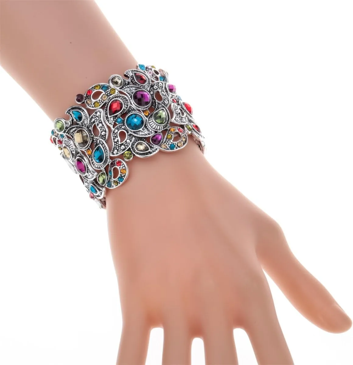 YACQ Women's Flower Stretch Cuff Bracelet fit Wrist Size 6-1/2 to 7-1/2 Inch - Comfortable Elastic Band & Floral Pattern Crystal Jewelry - Lead & Nickle Free - Halloween Costume Outfit