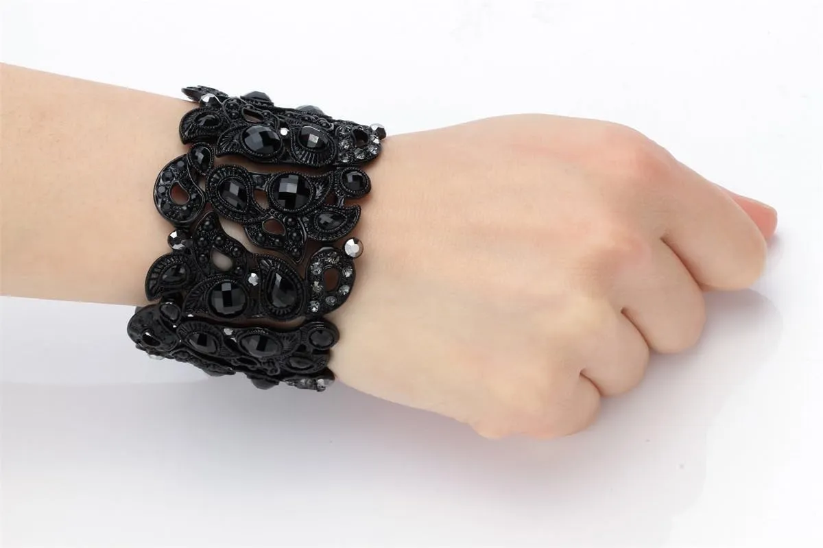 YACQ Women's Flower Stretch Cuff Bracelet fit Wrist Size 6-1/2 to 7-1/2 Inch - Comfortable Elastic Band & Floral Pattern Crystal Jewelry - Lead & Nickle Free - Halloween Costume Outfit