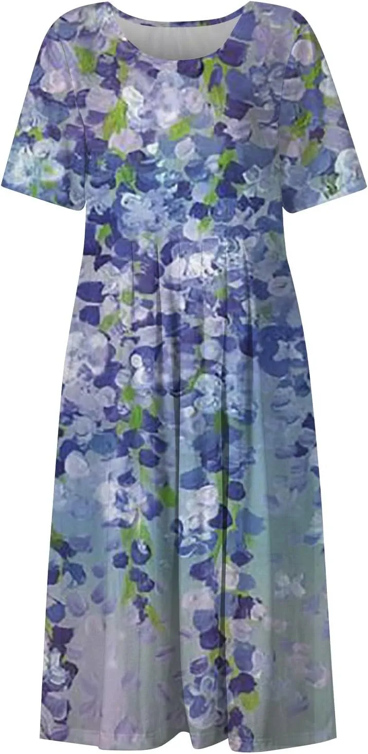 Yesunpxs Summer Dresses for Women Floral Print Loose Maxi Dress Casual Short Sleeves Sundresses Round Neck Beach Dress with
