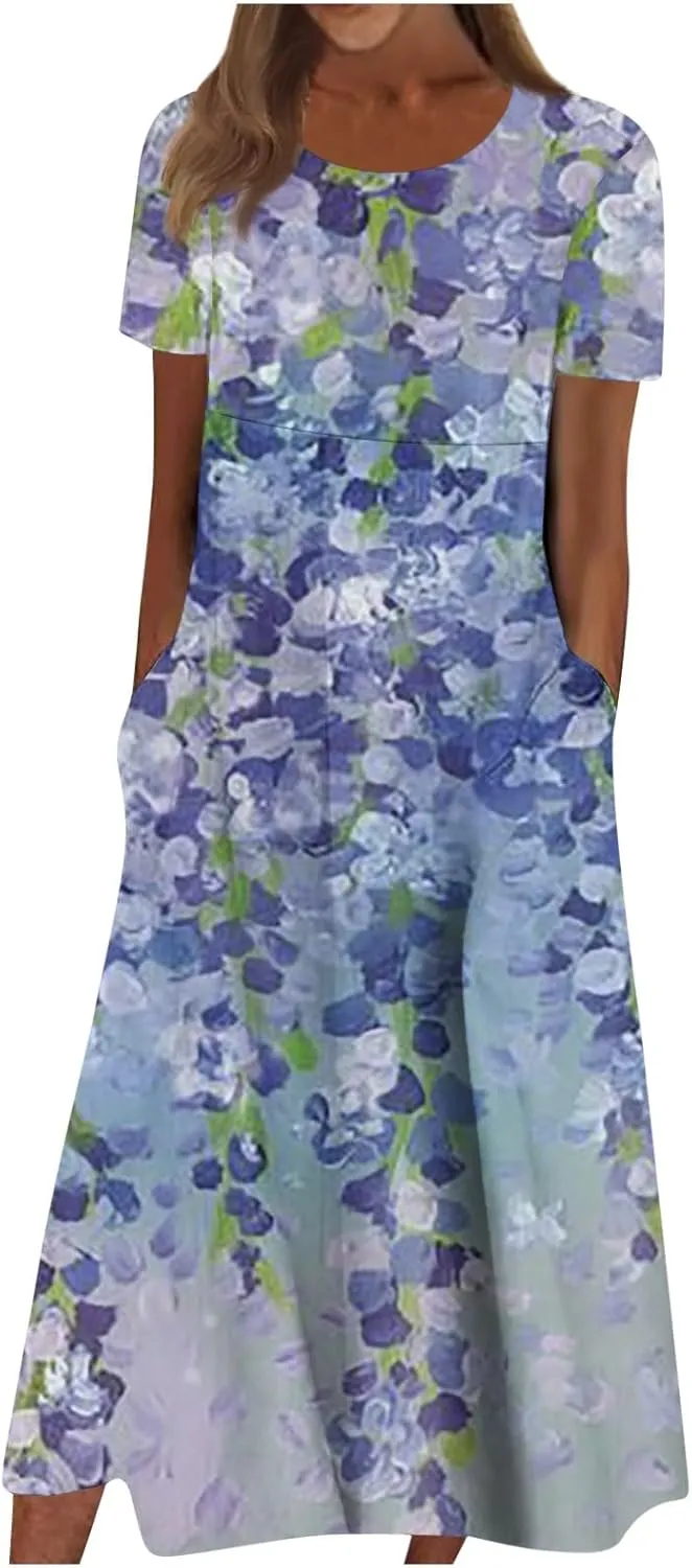 Yesunpxs Summer Dresses for Women Floral Print Loose Maxi Dress Casual Short Sleeves Sundresses Round Neck Beach Dress with