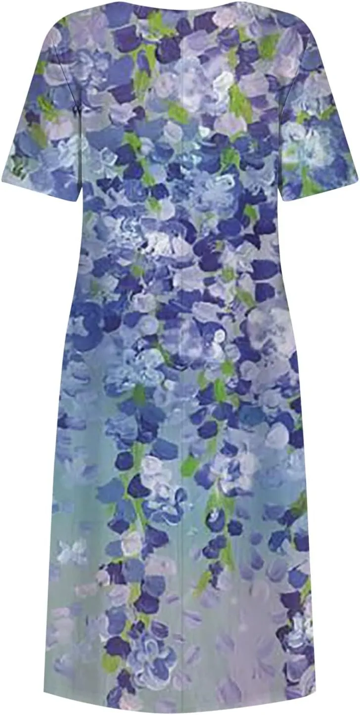 Yesunpxs Summer Dresses for Women Floral Print Loose Maxi Dress Casual Short Sleeves Sundresses Round Neck Beach Dress with