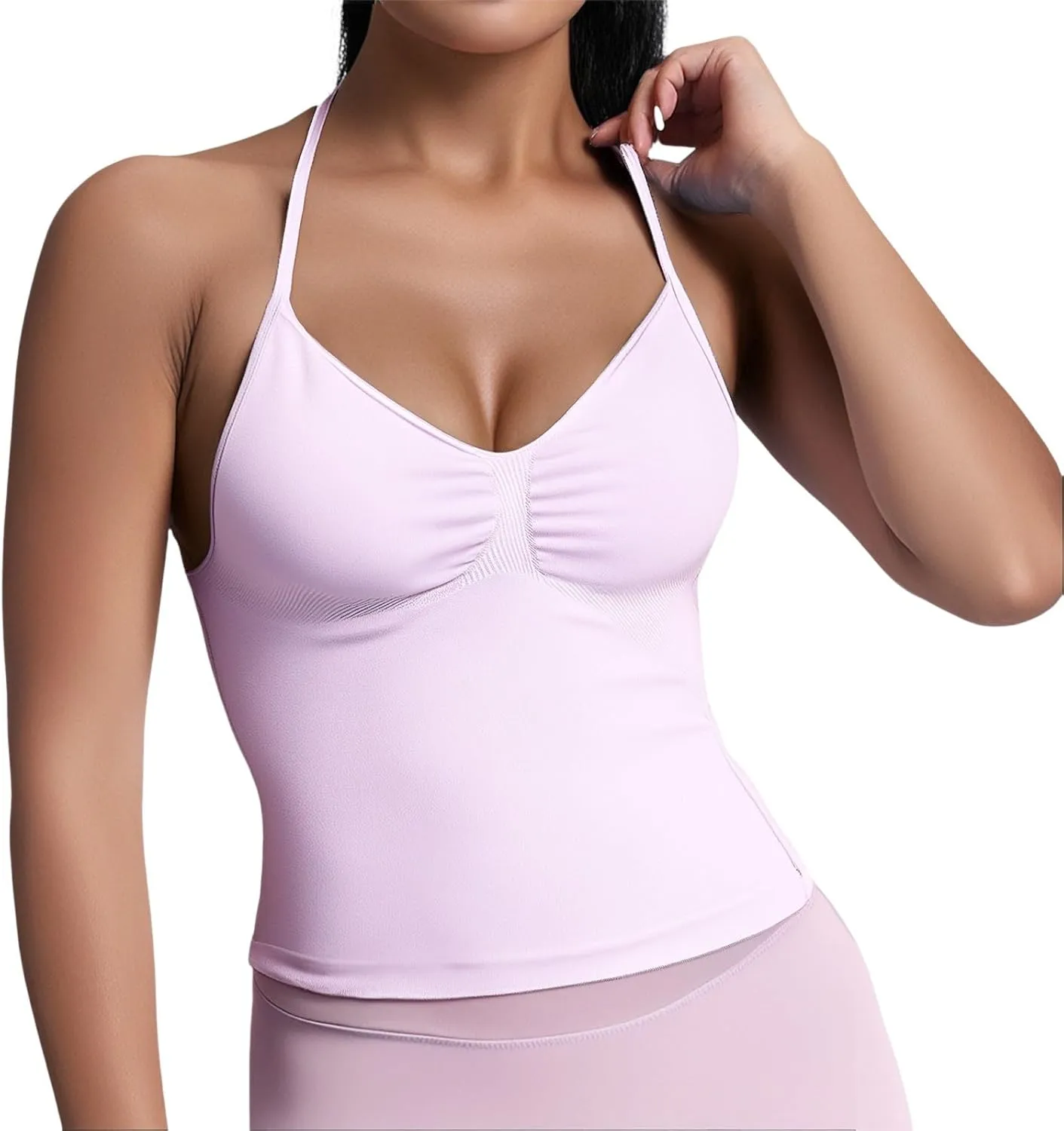 Yoga Tops for Women Built in Bra Summer Halter Backless V Neck Shelf Bra Camis Yoga Shirts Gym Workout Tops Undershirt