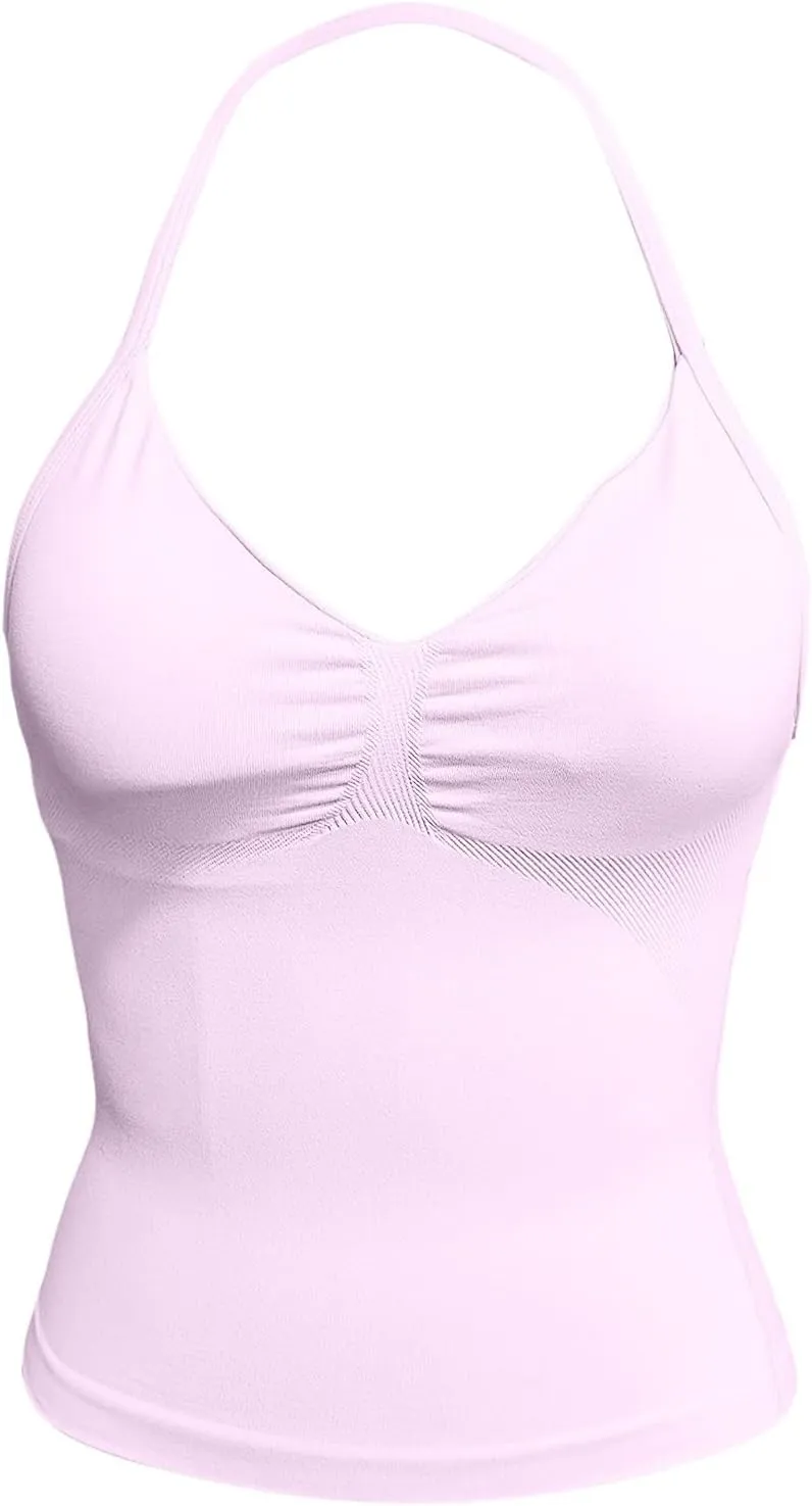 Yoga Tops for Women Built in Bra Summer Halter Backless V Neck Shelf Bra Camis Yoga Shirts Gym Workout Tops Undershirt