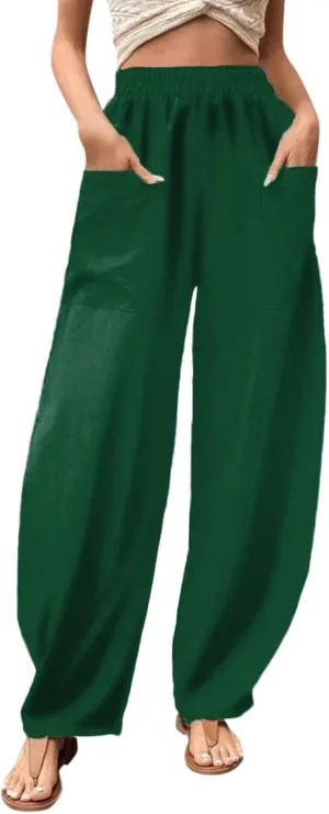 YOLAI Solid Color Cotton Linen Pant for Women High Waist Casual Trousers with Pockets Lightweight Comfort Wide Leg Pants (AG, L)