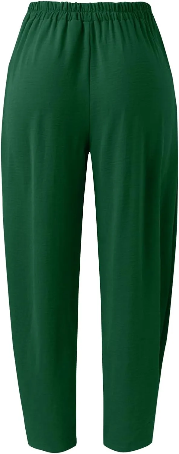 YOLAI Solid Color Cotton Linen Pant for Women High Waist Casual Trousers with Pockets Lightweight Comfort Wide Leg Pants (AG, L)