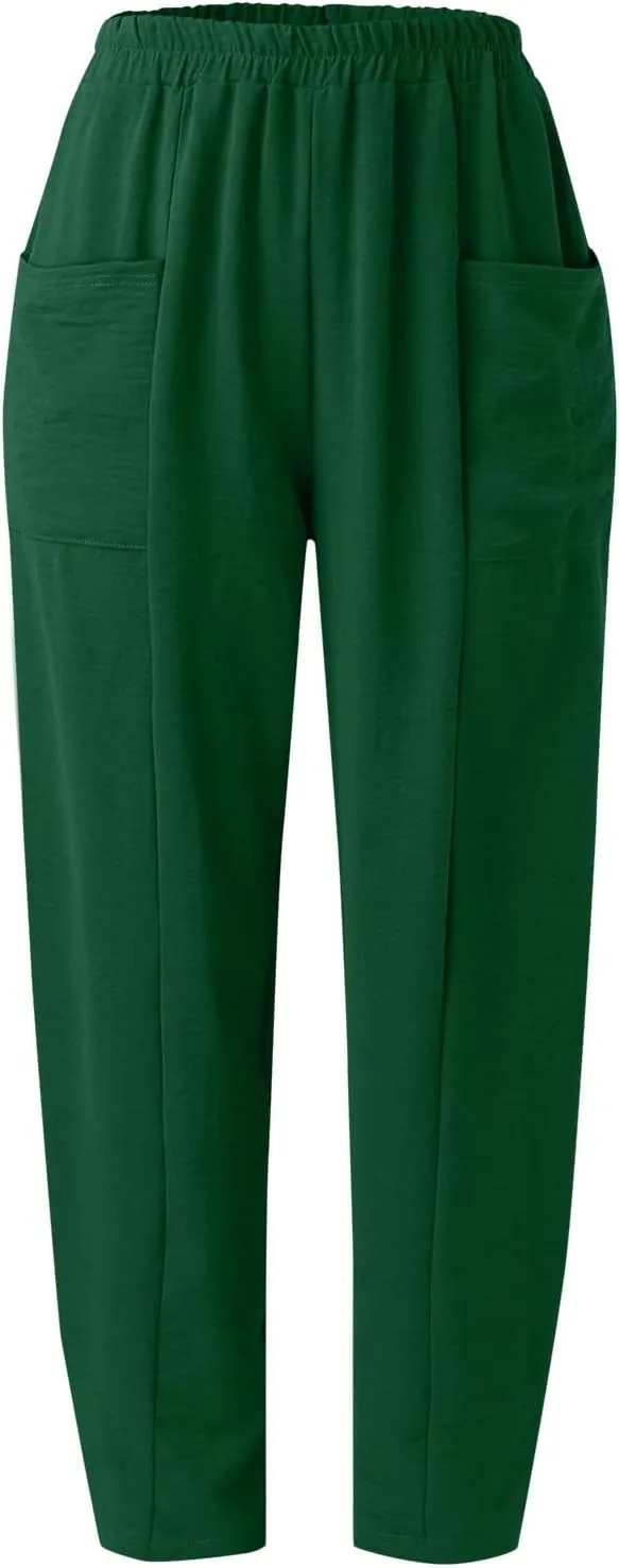 YOLAI Solid Color Cotton Linen Pant for Women High Waist Casual Trousers with Pockets Lightweight Comfort Wide Leg Pants (AG, L)