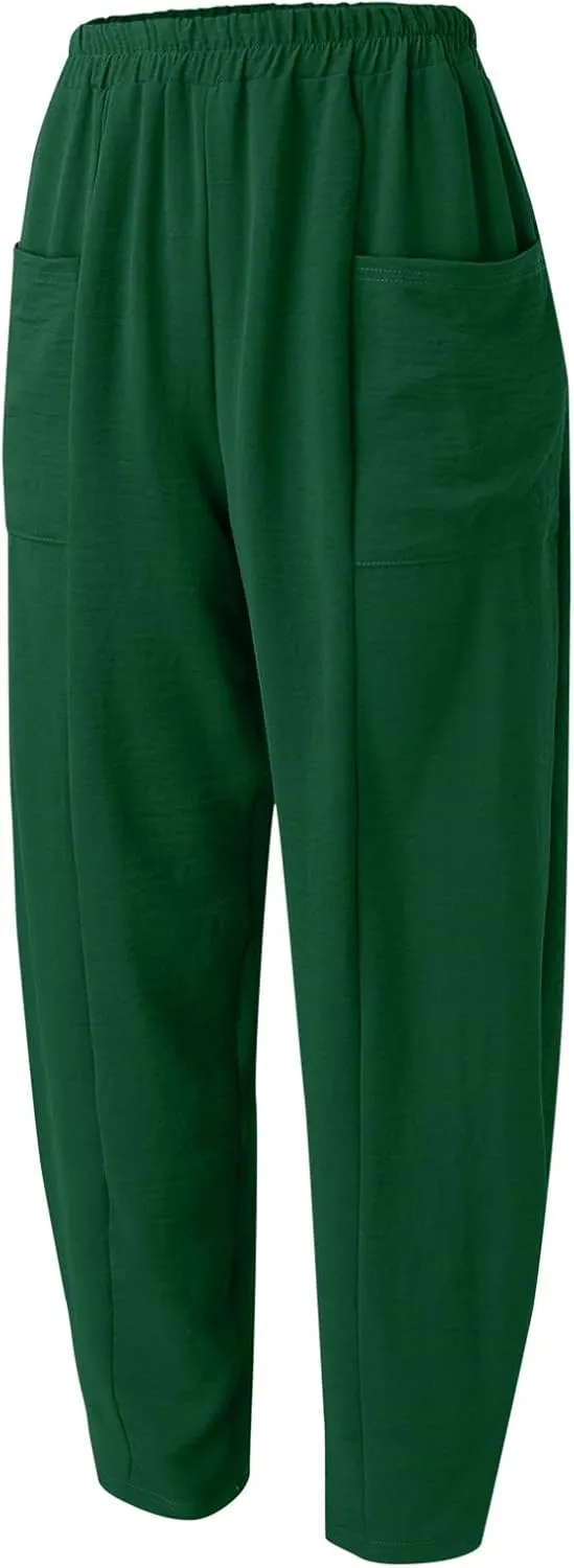 YOLAI Solid Color Cotton Linen Pant for Women High Waist Casual Trousers with Pockets Lightweight Comfort Wide Leg Pants (AG, L)
