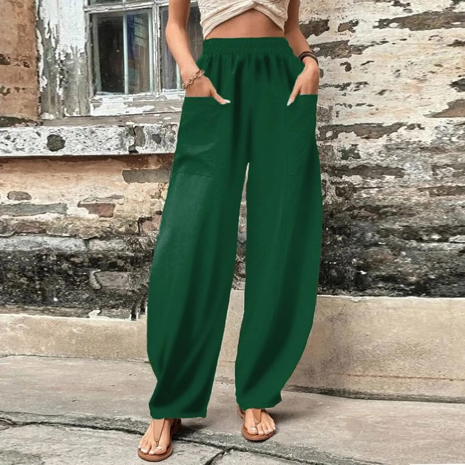 YOLAI Solid Color Cotton Linen Pant for Women High Waist Casual Trousers with Pockets Lightweight Comfort Wide Leg Pants (AG, L)