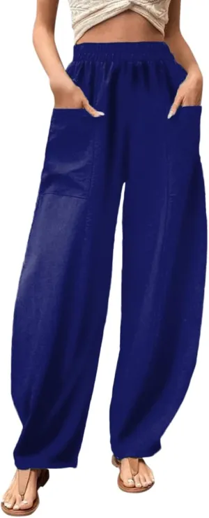 YOLAI Solid Color Cotton Linen Pant for Women High Waist Casual Trousers with Pockets Lightweight Comfort Wide Leg Pants (Blue, L)