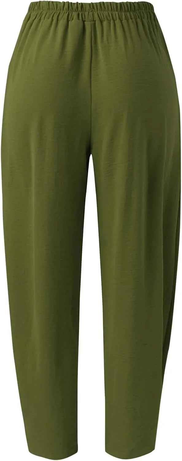YOLAI Solid Color Cotton Linen Pant for Women High Waist Casual Trousers with Pockets Lightweight Comfort Wide Leg Pants (Bronze, L)