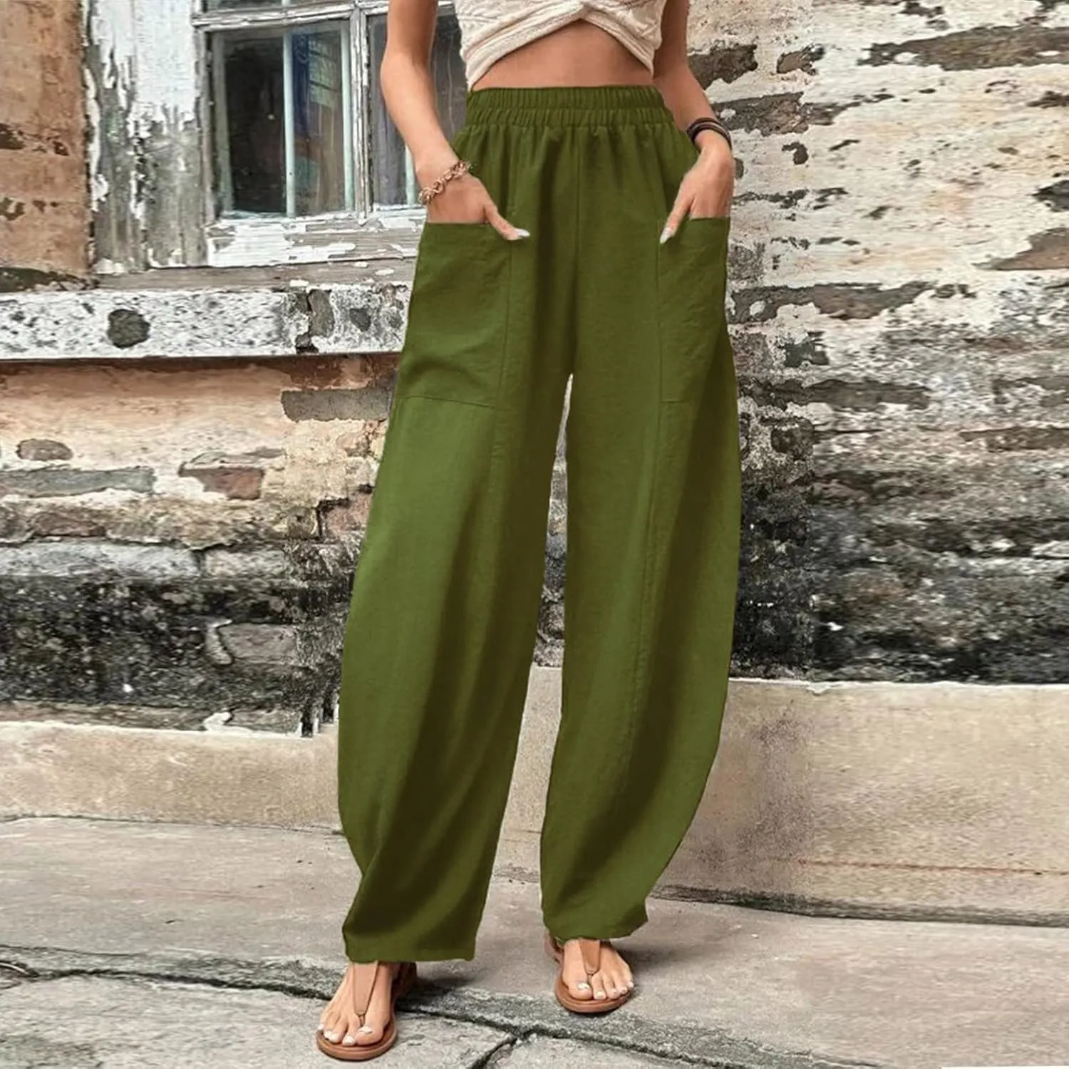 YOLAI Solid Color Cotton Linen Pant for Women High Waist Casual Trousers with Pockets Lightweight Comfort Wide Leg Pants (Bronze, L)