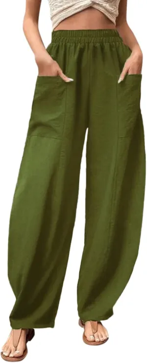 YOLAI Solid Color Cotton Linen Pant for Women High Waist Casual Trousers with Pockets Lightweight Comfort Wide Leg Pants (Bronze, L)