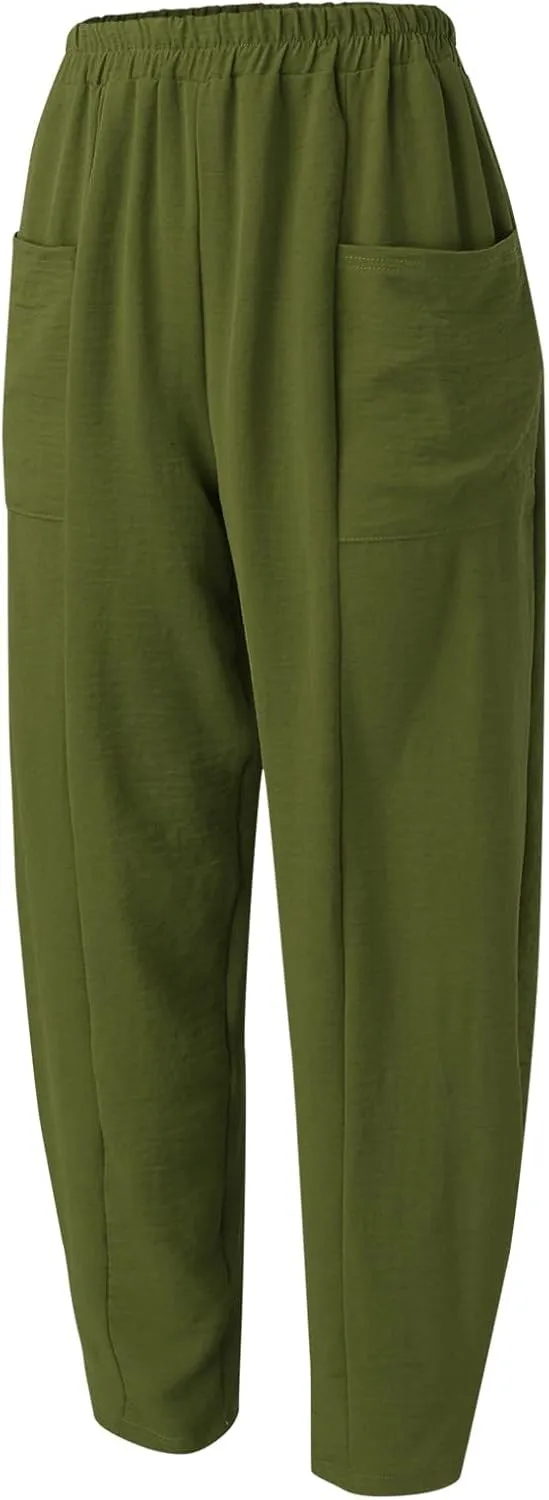 YOLAI Solid Color Cotton Linen Pant for Women High Waist Casual Trousers with Pockets Lightweight Comfort Wide Leg Pants (Bronze, L)