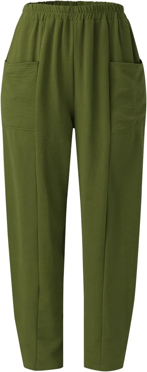 YOLAI Solid Color Cotton Linen Pant for Women High Waist Casual Trousers with Pockets Lightweight Comfort Wide Leg Pants (Bronze, L)