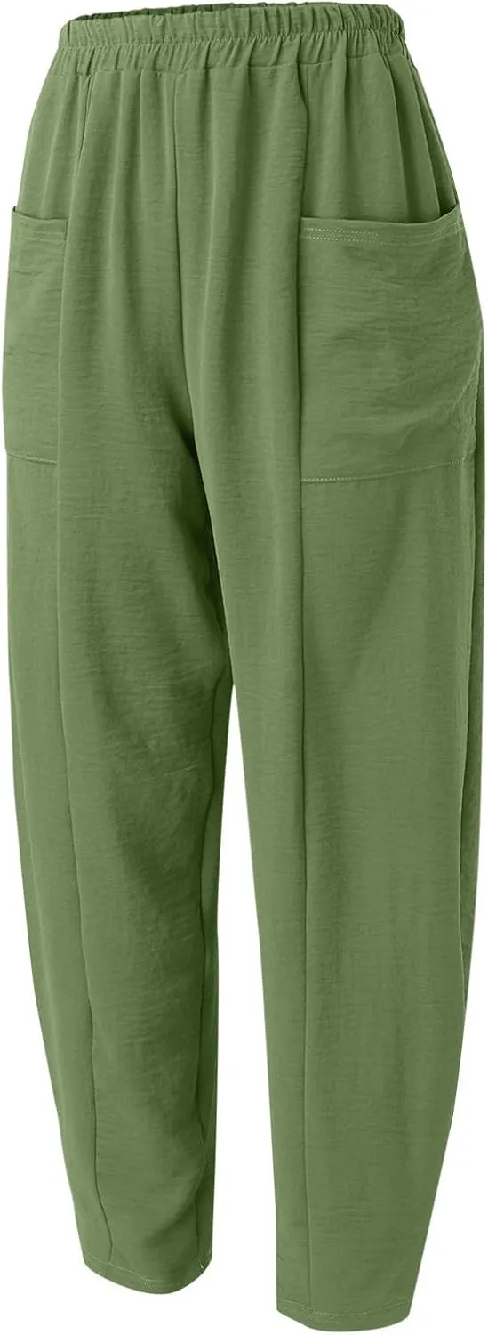 YOLAI Solid Color Cotton Linen Pant for Women High Waist Casual Trousers with Pockets Lightweight Comfort Wide Leg Pants (Green, L)