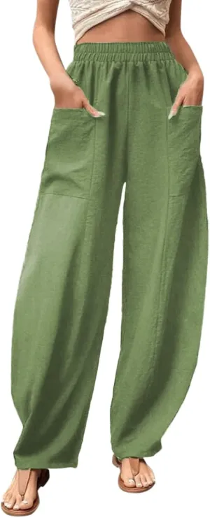 YOLAI Solid Color Cotton Linen Pant for Women High Waist Casual Trousers with Pockets Lightweight Comfort Wide Leg Pants (Green, L)