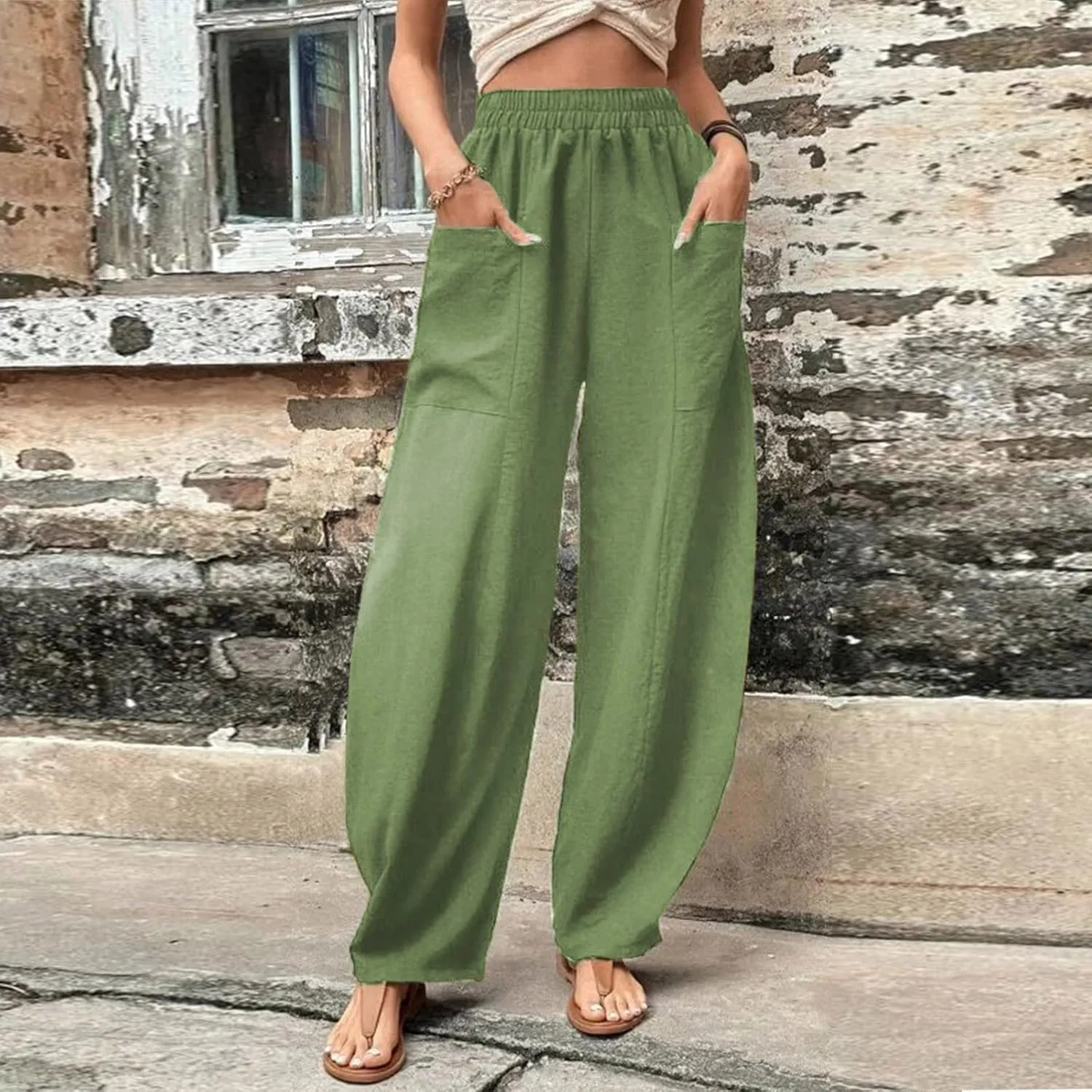 YOLAI Solid Color Cotton Linen Pant for Women High Waist Casual Trousers with Pockets Lightweight Comfort Wide Leg Pants (Green, L)