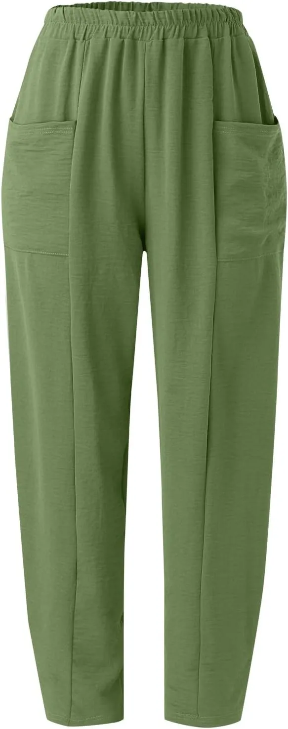 YOLAI Solid Color Cotton Linen Pant for Women High Waist Casual Trousers with Pockets Lightweight Comfort Wide Leg Pants (Green, L)