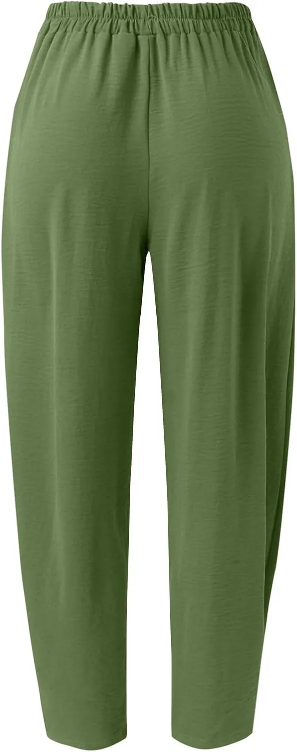 YOLAI Solid Color Cotton Linen Pant for Women High Waist Casual Trousers with Pockets Lightweight Comfort Wide Leg Pants (Green, L)