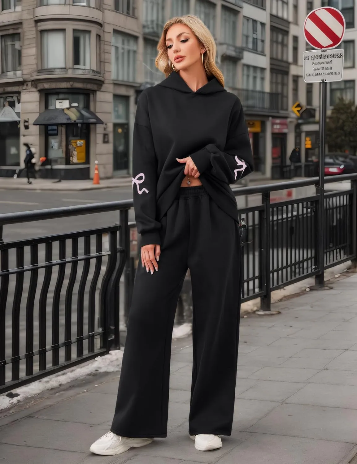 Ythomm Womens 2 Piece Outfits Lounge Bow Graphic Oversized Hoodies Sets Baggy Wide Leg Sweatpants Sweatsuit Fall Tracksuits