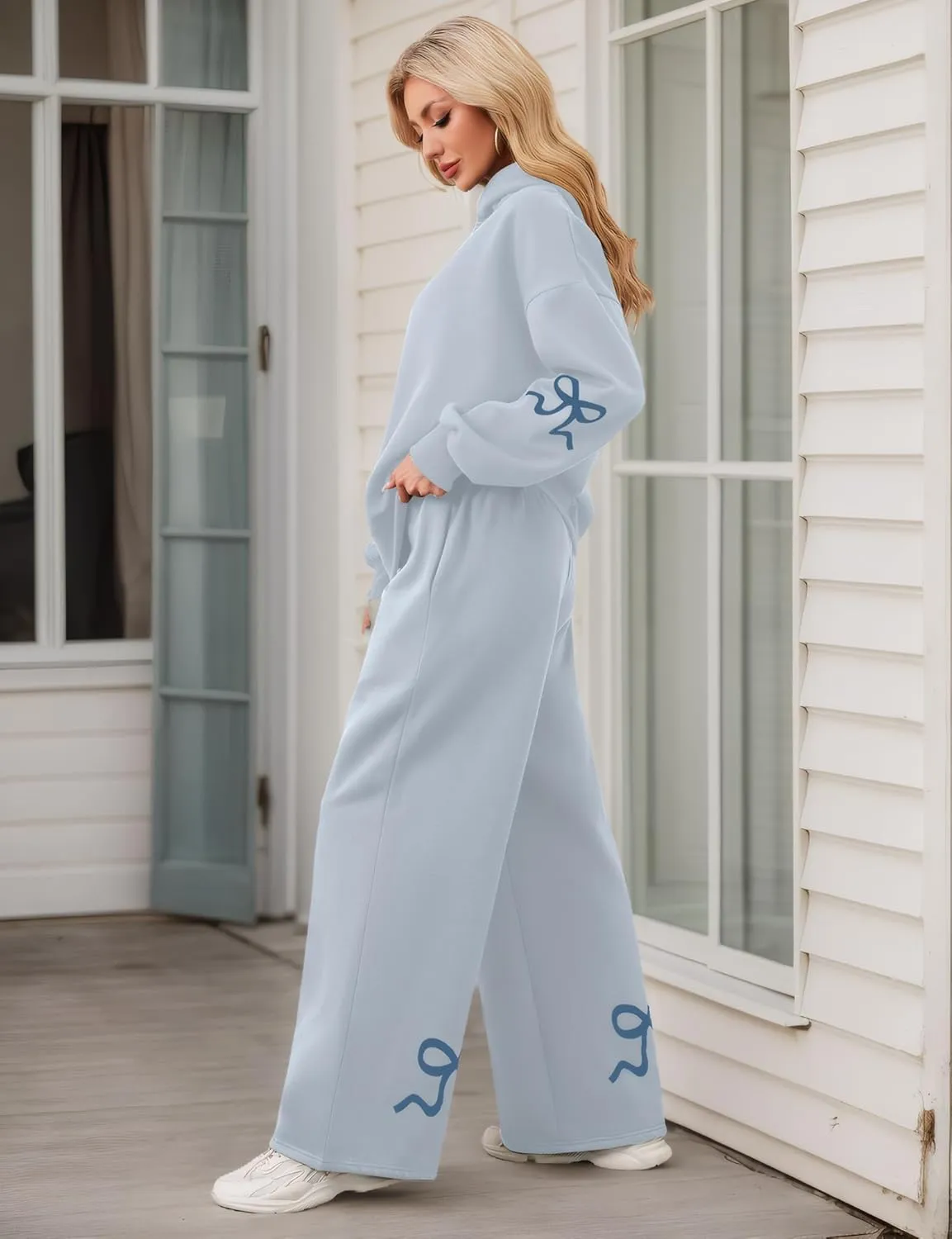 Ythomm Womens 2 Piece Outfits Lounge Bow Graphic Oversized Hoodies Sets Baggy Wide Leg Sweatpants Sweatsuit Fall Tracksuits