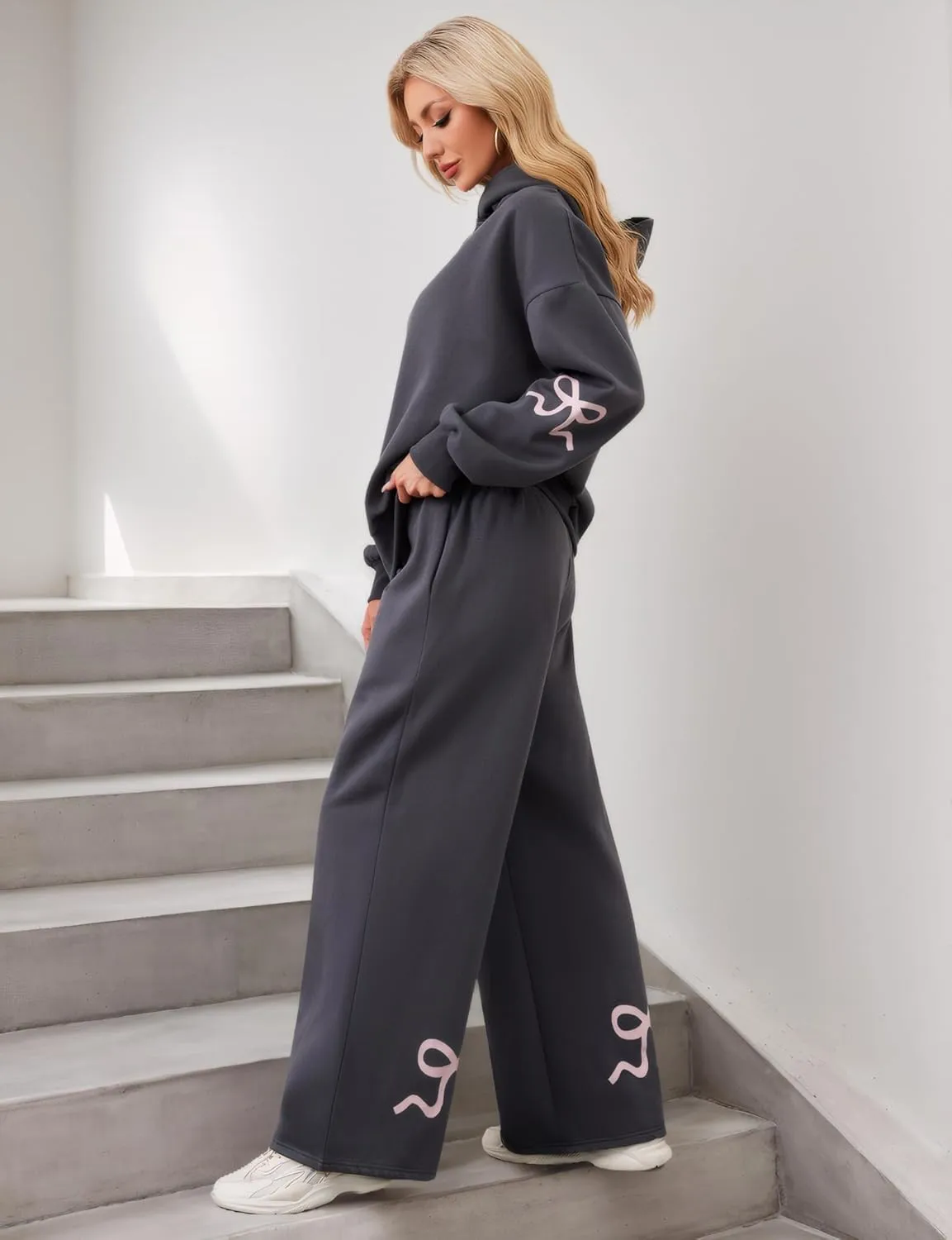Ythomm Womens 2 Piece Outfits Lounge Bow Graphic Oversized Hoodies Sets Baggy Wide Leg Sweatpants Sweatsuit Fall Tracksuits