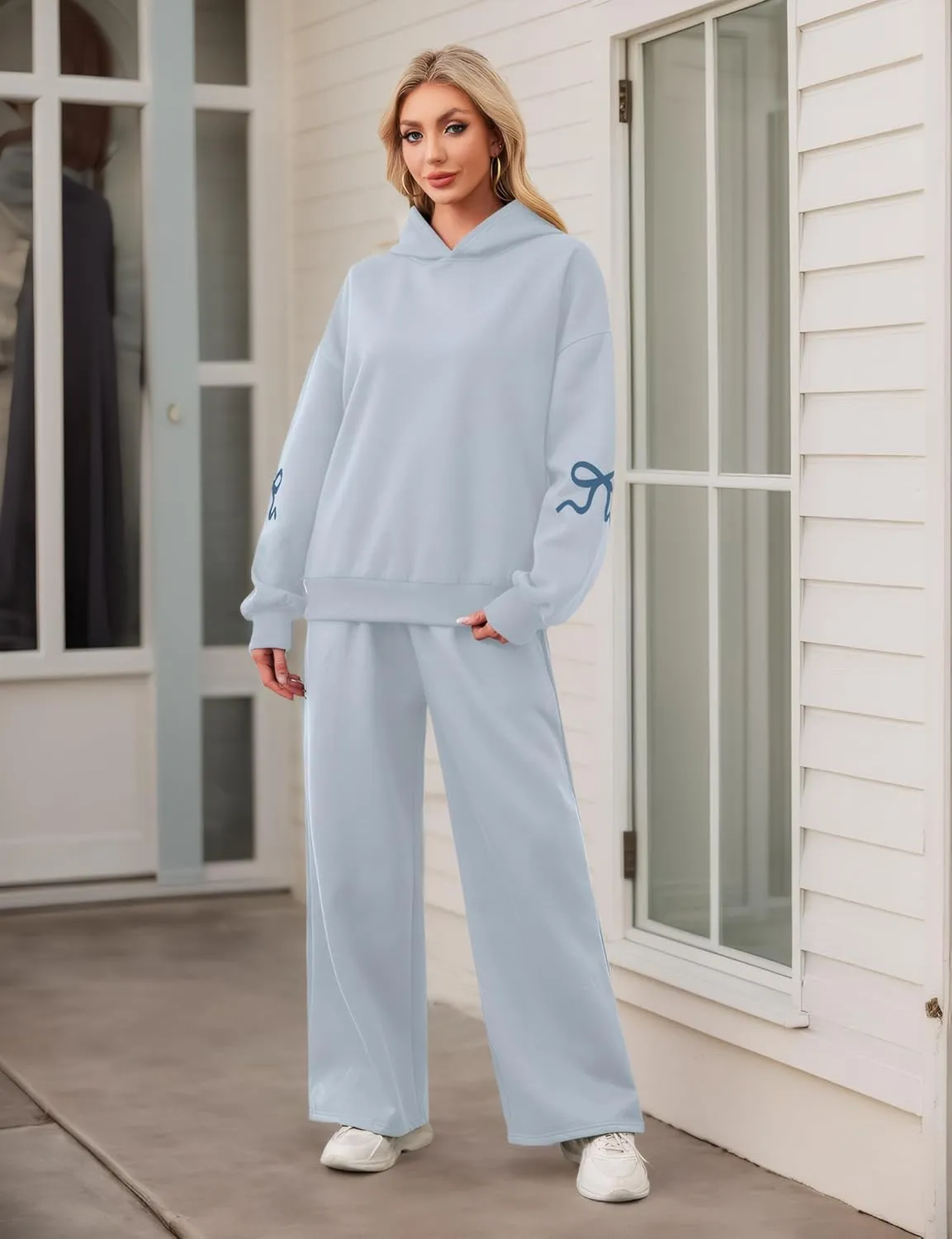 Ythomm Womens 2 Piece Outfits Lounge Bow Graphic Oversized Hoodies Sets Baggy Wide Leg Sweatpants Sweatsuit Fall Tracksuits