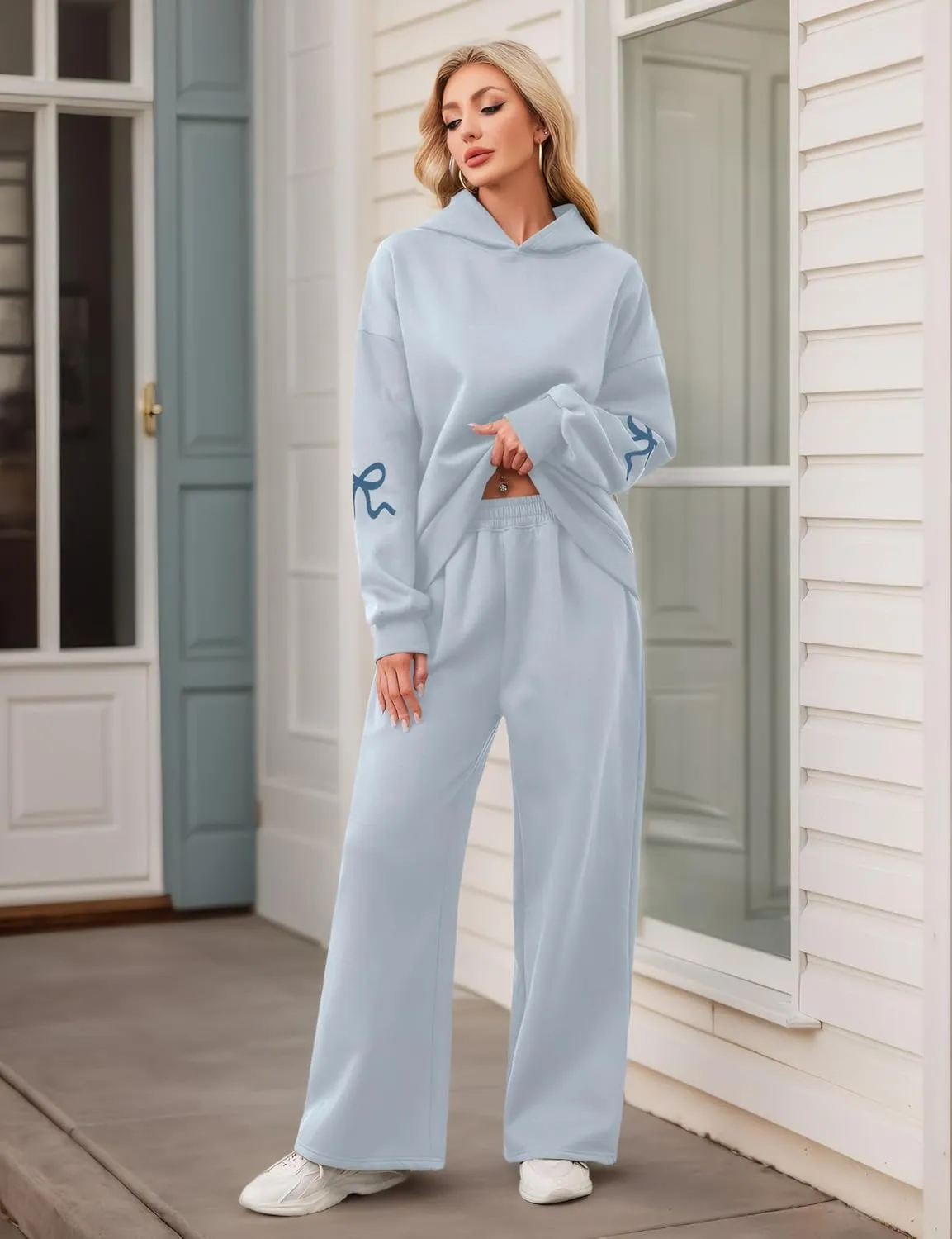 Ythomm Womens 2 Piece Outfits Lounge Bow Graphic Oversized Hoodies Sets Baggy Wide Leg Sweatpants Sweatsuit Fall Tracksuits