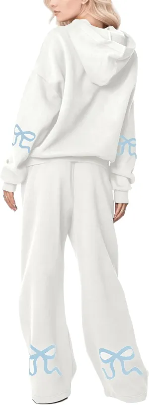 Ythomm Womens 2 Piece Outfits Lounge Bow Graphic Oversized Hoodies Sets Baggy Wide Leg Sweatpants Sweatsuit Fall Tracksuits