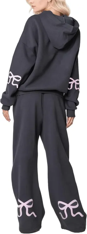 Ythomm Womens 2 Piece Outfits Lounge Bow Graphic Oversized Hoodies Sets Baggy Wide Leg Sweatpants Sweatsuit Fall Tracksuits