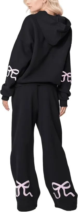 Ythomm Womens 2 Piece Outfits Lounge Bow Graphic Oversized Hoodies Sets Baggy Wide Leg Sweatpants Sweatsuit Fall Tracksuits