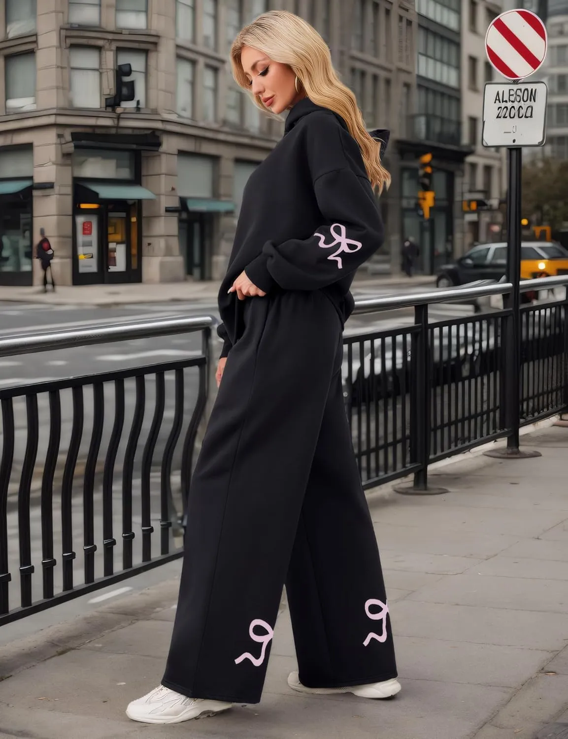 Ythomm Womens 2 Piece Outfits Lounge Bow Graphic Oversized Hoodies Sets Baggy Wide Leg Sweatpants Sweatsuit Fall Tracksuits