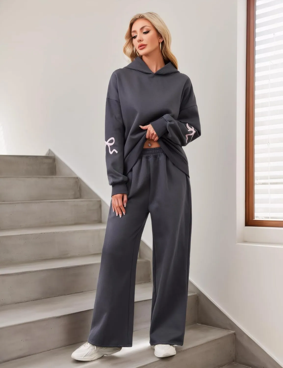 Ythomm Womens 2 Piece Outfits Lounge Bow Graphic Oversized Hoodies Sets Baggy Wide Leg Sweatpants Sweatsuit Fall Tracksuits