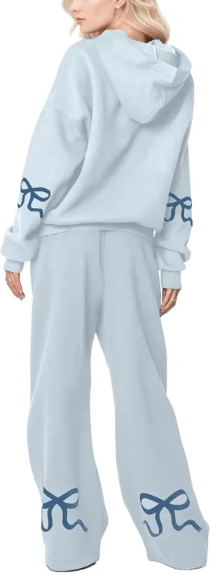 Ythomm Womens 2 Piece Outfits Lounge Bow Graphic Oversized Hoodies Sets Baggy Wide Leg Sweatpants Sweatsuit Fall Tracksuits