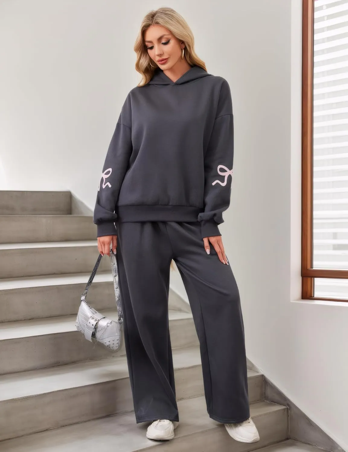 Ythomm Womens 2 Piece Outfits Lounge Bow Graphic Oversized Hoodies Sets Baggy Wide Leg Sweatpants Sweatsuit Fall Tracksuits