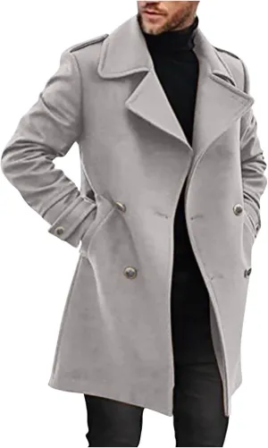 Zeiyignr Mens Double Breasted Trench Coat Casual Lapel Collar Business Winter Long Overcoats Wool Blend Pea Coat Windbreaker