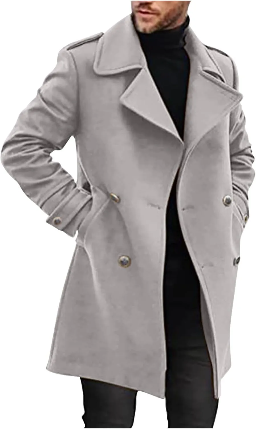 Zeiyignr Mens Double Breasted Trench Coat Casual Lapel Collar Business Winter Long Overcoats Wool Blend Pea Coat Windbreaker